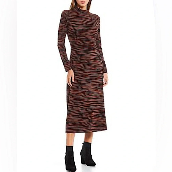 Skies Are Blue Animal Print Long Sleeve Mock Neck Dress in Brown/Black Size XS - Picture 1 of 12